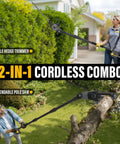 Pro Grade 2 In 1 Cordless Pole Saw And Hedge Trimmer with 18 Inch Dual Action Blade and 8 Inch Pole Saw in use outdoors