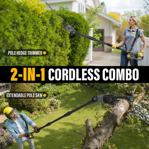 Pro Grade 2 In 1 Cordless Pole Saw And Hedge Trimmer with 18 Inch Dual Action Blade and 8 Inch Pole Saw in use outdoors