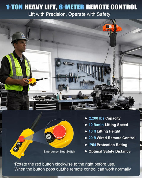 Rock Solid Electric Chain Hoist With Killer 2200 Lbs Capacity, 10 Ft Lift, And Smooth 120V Operation Includes 20 Ft Wired Remote in workshop