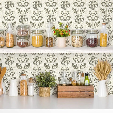 Floral Peel And Stick Wallpaper Tulip Print Neutral Self Adhesive Vinyl Covering displayed in kitchen behind shelves.