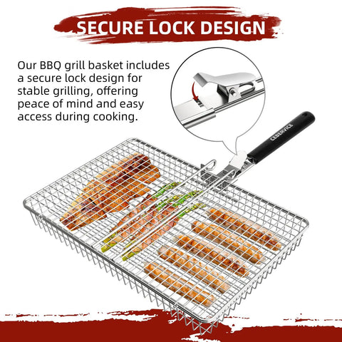 Extra Large Stainless Steel Grill Basket For Camping And BBQ Grillin Portable Folding Rack For Fish Vegetables Shrimp And More Today Great Gift For Men Dad with secure lock design