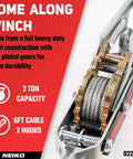 Close-up of Beefed Up 2 Ton Come Along Winch with 7.2 ft Cable Dual Gear Hand Winch Puller showing steel construction and gears.