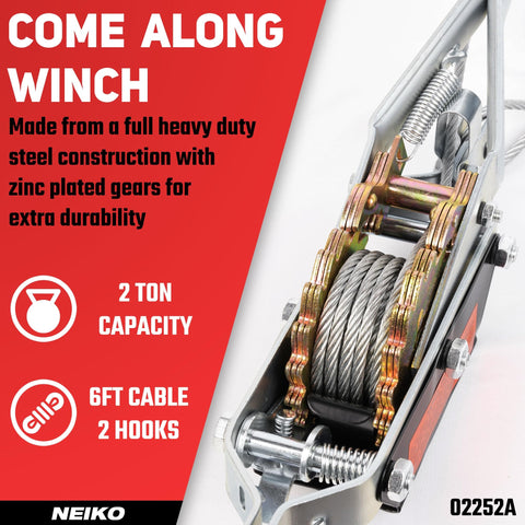 Close-up of Beefed Up 2 Ton Come Along Winch with 7.2 ft Cable Dual Gear Hand Winch Puller showing steel construction and gears.