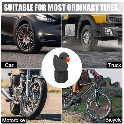 Four Pack Cute Duck Glow In The Dark Tire Valve Caps for Cars Motorcycles Trucks and Bicycles Black Titanium Alloy