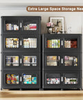 Heavy Duty 600 Gallon Storage Bins 8 Pack Beast Mode Stackable Boxes with Snap on Lids and Grippy Wheels for Major Home Organization Collapsible Plastic Containers in Black, organized in a home setting.