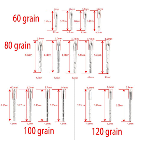 Diagram of Archery Field Points Set 24 Pcs 60 80 100 120 Grain Insert Tips For 4.2mm Shafts, showing different lengths and diameters