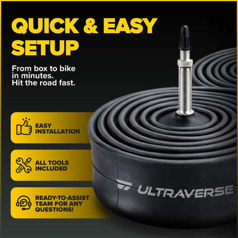 Heavy Duty 26 Inch Bike Inner Tube Set of 2 with Presta Valve displayed with easy installation text and coiled tubes