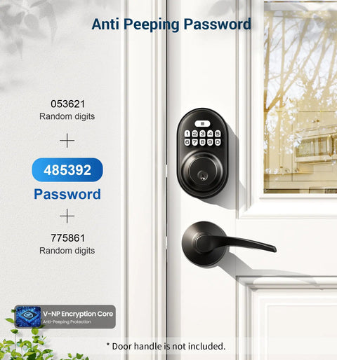 Keyless Entry Door Lock With Electronic Keypad Deadbolt, Auto Lock, Anti Peeking Password, Matte Black Finish on White Door