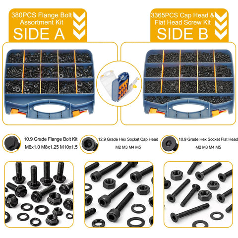 380PCS Flange Bolt Kit With Nuts And Washers For Metric M6 M8 And M10 Bolts 12 16 20 25 30 40mm Includes Lock Washers Flat Washers And Hex Socket Flat Head And Cap Head Screws Ideal For Auto, Home And DIY Projects image featuring assorted black bolts and washers in a divided case labeled Side A with compartments.