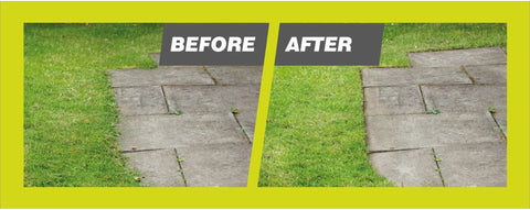 Before and after comparison of lawn edges using 18V ONE Plus Cordless Edger Bare Tool With 22cm Serrated Edging Blade.