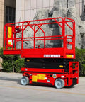 No Nonsense Hydraulic Lift Platform And Heavy Duty Warehouse Stacking Table Built Like A Tank For Smooth Cargo Operations and Reliable Daily Grind Performance Across All Industrial Environments, red color, elevated position.