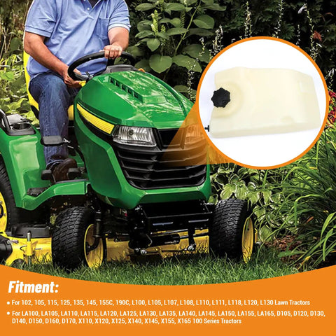 Fuel Gas Tank Replacement for Scotts Sabre Lawn Tractors L100 L110 L120 L130 L105 L118 with tractor in garden