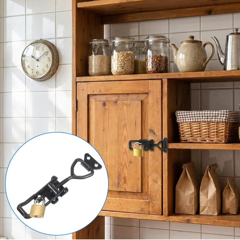 Six Pack Heavy Duty Toggle Latch Set 4003 Style With Lock Adjustable Up To 1320 Lbs Galvanized Iron With Black Coated Finish Beefy Latch Clamps For Trailers Toolboxes Storage Chests And More on wooden cabinet.
