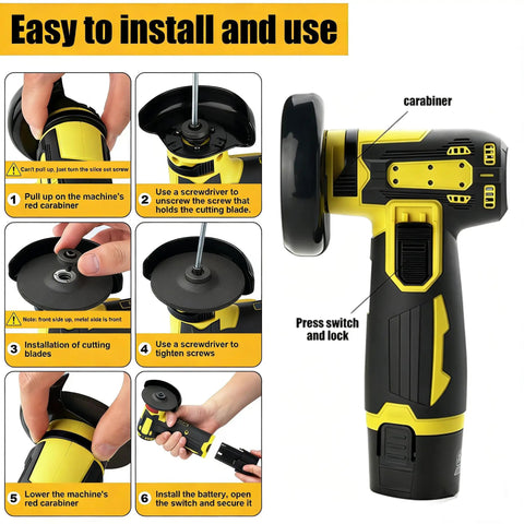 Setup guide for Cordless Mini Angle Grinder With 4000mAh Battery And 19500 RPM Beast Power in black and yellow.