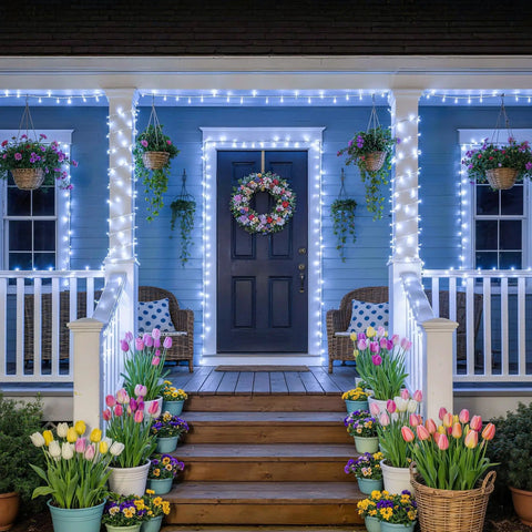 Ultra Long 168Ft 600 LED Cool White String Lights decorate blue porch with flowers and wreath, creating cozy ambiance