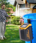 Man using Cordless Submersible Water Transfer Pump With 528 GPH Flow Portable Sump Pump For Pool Garden Pond Includes Three Quarter Inch Garden Hose Compatible With Dewalt 20V Max Battery Battery Not Included Handy For DIY Projects And Quick Water Moves attached to a blue barrel