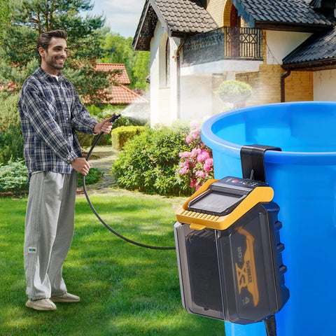 Man using Cordless Submersible Water Transfer Pump With 528 GPH Flow Portable Sump Pump For Pool Garden Pond Includes Three Quarter Inch Garden Hose Compatible With Dewalt 20V Max Battery Battery Not Included Handy For DIY Projects And Quick Water Moves attached to a blue barrel