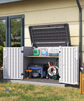 Outdoor Resin Storage Cabinet With 35 Cu Ft Capacity Waterproof Horizontal Shed for Garbage Bin Generator and Lawn Mower Weatherproof and Built to Last White near house