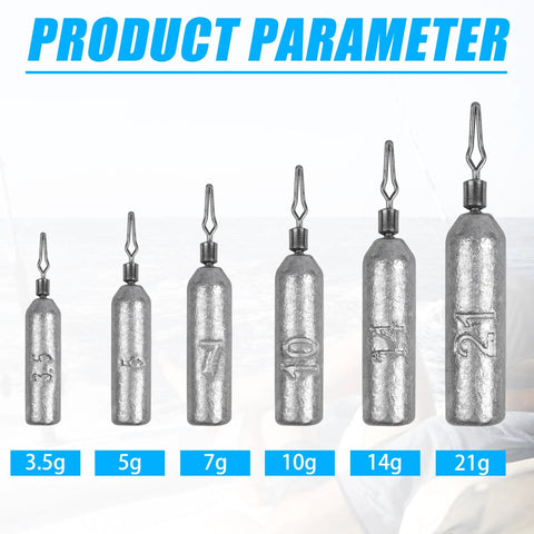 Drop Shot Lead Weights Kit With Barrel Swivels, 50 Pcs Pencil Shaped Snagless Sinkers, 3.5g to 21g sizes displayed