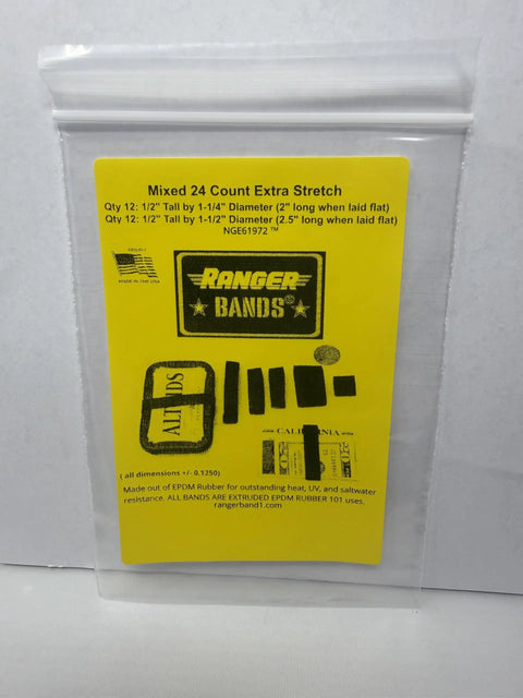 Package of Mixed 24 Count EPDM Rubber Bands With Extra Stretch For Survival And Emergency Tinder Various Sizes For Strapping Gear