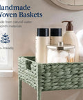Close-up of Three-Tier Water Hyacinth Rolling Caddy in sage with toiletries, part of multipurpose utility cart