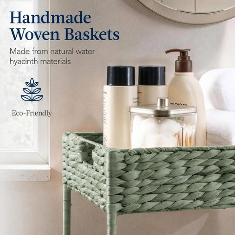 Close-up of Three-Tier Water Hyacinth Rolling Caddy in sage with toiletries, part of multipurpose utility cart