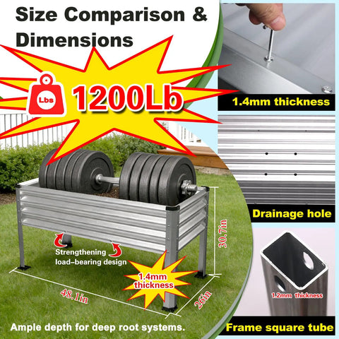 Beefy Galvanized Raised Garden Bed With Legs, 1200 Lb Load Capacity, 48x26x30In, Silver Finish with dimensions and features.