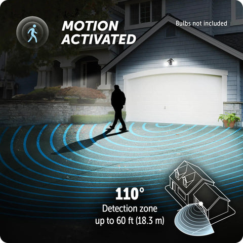 Dual Head Motion Sensor Security Flood Light 240W 110 Degree Detection 60 Foot Range illustrated on driveway at night
