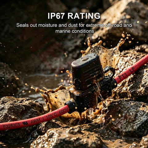 Kickass 2 Pack 10 AWG Inline Fuse Block With 12V UL Recognized Wire And IP67 Waterproof Seal For Rugged Marine Automotive Wiring Jobs Featuring ATC ATO Fuse Compatibility Options in muddy water showcasing its waterproof design.