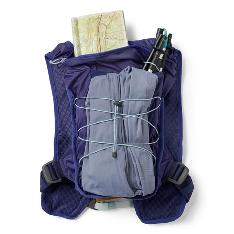 15L Go To Hydration Pack Indigo And Reflective Silver OSFM One Size Fits Most Unisex Running Backpack open with map and gear inside
