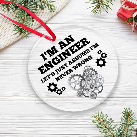 Cool Acrylic Circle Tag Gift For Engineers Nerdy Chemical And Mechanical Engineering Ornament on white wood with gears design