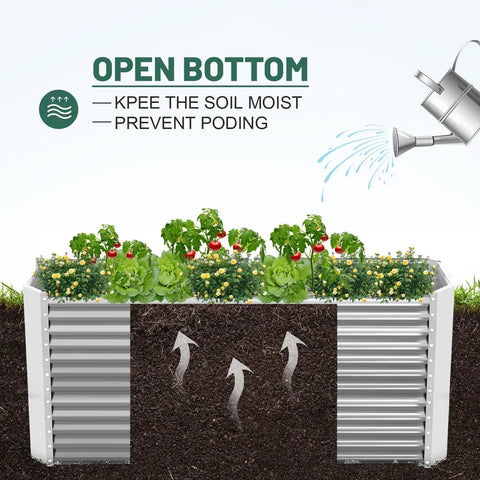 8x4x3ft Rectangular Galvanized Raised Garden Bed With Large Capacity Metal Planter Box For Outdoor Use Durable Deep Bed Stands 3ft Tall To Cut Back Bending And Make Gardening Easier For Vegetables And Herbs Silver, showing open bottom design with soil and growing plants.