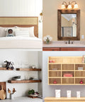 Four different wall-mounted products including a headboard, mirror, shelves, and wooden cabinet, showcasing heavy duty mirror hanging kit with French cleat and Z clips.