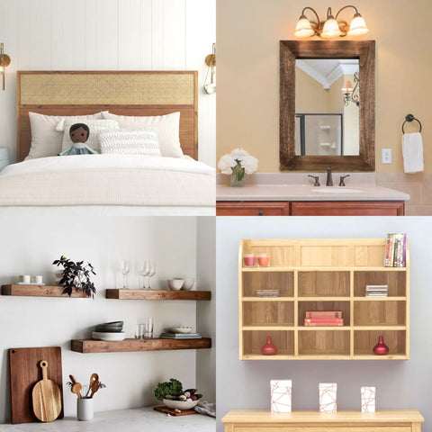 Four different wall-mounted products including a headboard, mirror, shelves, and wooden cabinet, showcasing heavy duty mirror hanging kit with French cleat and Z clips.