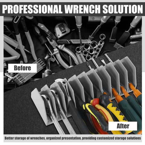 Two Pack Wrench Organizer Tray Set For Tool Box Drawers, 10 Slot Wide Pliers Rack Holds SAE And Metric Wrenches, before and after