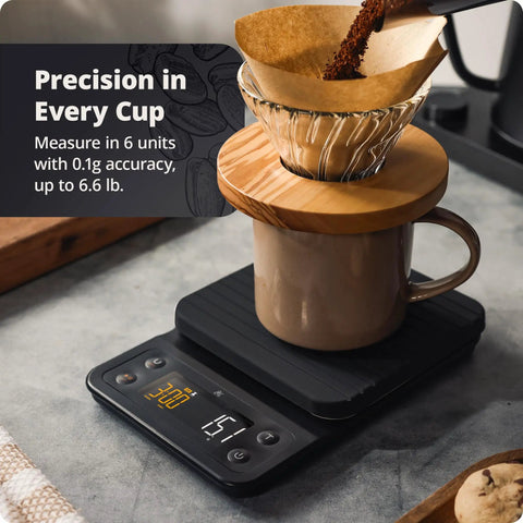 0.1g Precision Digital Coffee Scale With Timer For Pour Over And Espresso, 3Kg Capacity, in use with mug and dripper