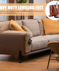 Living room with brown couch featuring Heavy Duty Adjustable Furniture Leveling Feet For Cabinets And Wardrobes, inset of leveler.