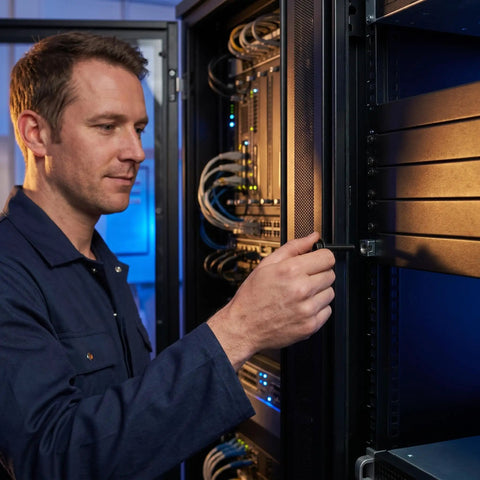 Technician using 60 Pack M6 Rack Screws And Square Cage Nuts Straight Up Heavy Duty Carbon Steel Fasteners in server cabinet.