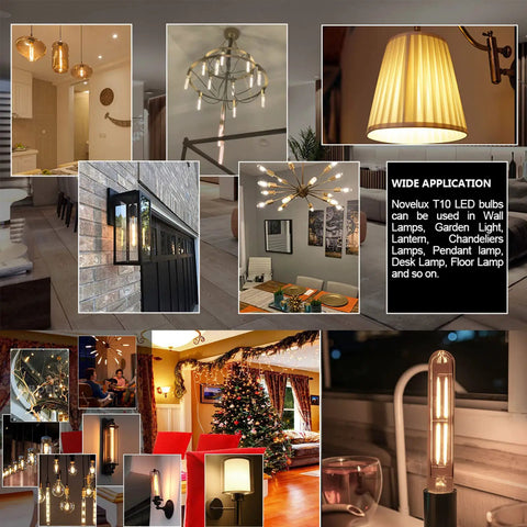 Collage showcasing Dimmable 6W E26 LED Bulb 800 Lumen 2700K Soft White Warm Glow in various lighting fixtures