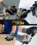 Collage of ANSI A5 Cut Resistant Gloves With Nitrile Dipped Grip Coating For Construction And Warehouse Work Knife Proof Protection High Performance HPPE Glass Fiber Steel Blend Grey Medium Available In 1 3 Or 12 Pack in various work settings.