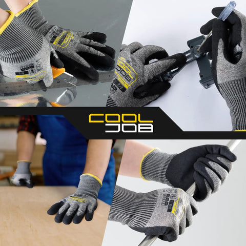 Collage of ANSI A5 Cut Resistant Gloves With Nitrile Dipped Grip Coating For Construction And Warehouse Work Knife Proof Protection High Performance HPPE Glass Fiber Steel Blend Grey Medium Available In 1 3 Or 12 Pack in various work settings.