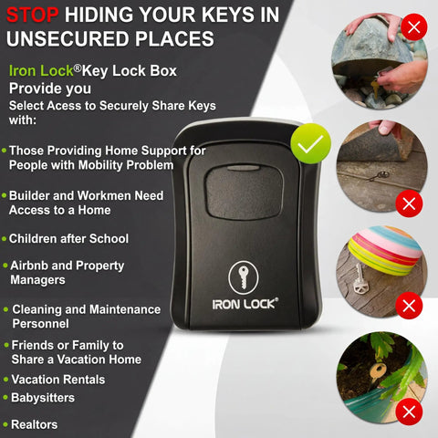 Heavy-Duty Key Lock Box Wall Mount with 4-Digit Combination Waterproof Metal Safe for Outdoor Access and Home Entry displayed with images of insecure key hiding spots.