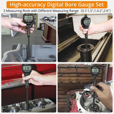 Digital Dial Indicator Bore Gauge Set With 0.7 To 6 Inch Range And 6 Inch Depth, 0.0005 Inch Precision, used in engine blocks.