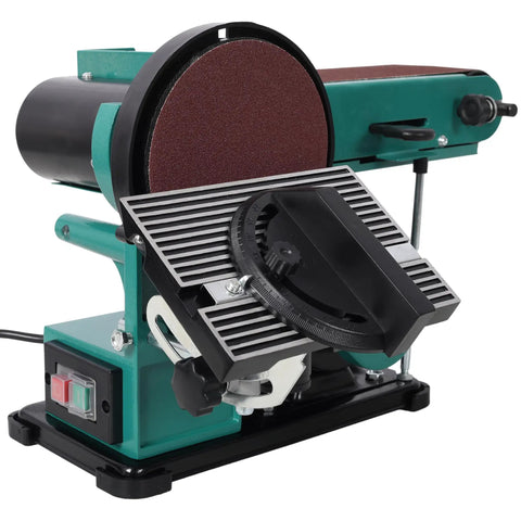 Heavy Duty 4X36 Belt Sander Paired With 6 Inch Disc Sander Built Tough High Torque Motor Smooth Operator angled view showing sanding surface and controls.