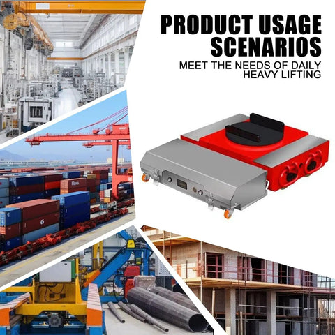 Heavy Duty Electric Machine Dolly Skate With 360 Rotating Wheels For Moving Large Equipment In Warehouse Or Factory Without Breaking Your Back in various industrial settings.