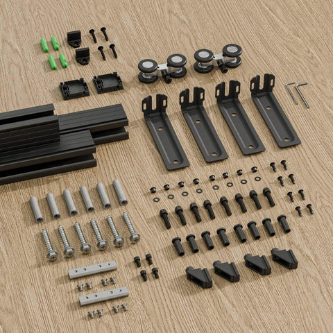 8Ft Ceiling Mount Box Rail Barn Door Hardware Kit Heavy Duty Steel Sliding Track laid out with components