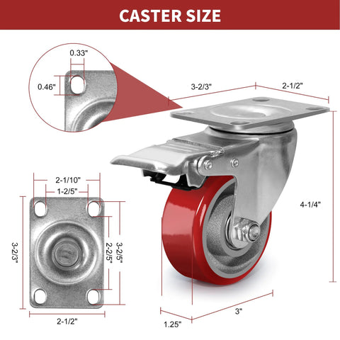 Diagram showing size dimensions of 3 Inch Heavy Duty Swivel Casters With Brakes Polyurethane On Steel Wheels Set Of 4 1400 Lb Capacity