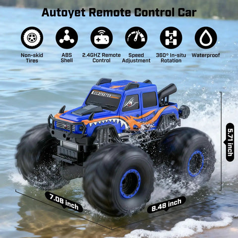 Amphibious Remote Control Beast Truck Toy For Kids 6 Plus Waterproof Off Road 4X4 RC Pickup All Terrain 2 4GHz One Eighteen Scale Truck Great Boys Gift Blue on water