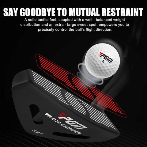 Close-up of 35 Inch Right Handed Golf Chipper With 32 Degree Loft, showing club head and golf ball with motion lines.
