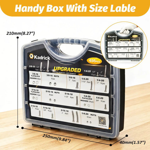 Built Like Iron 456 Piece Stainless Steel Bolt And Nut Assortment Kit Packing Heavy Duty Hex Fasteners in organized box.